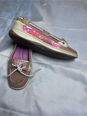 Sperry Brown Leather Boat Shoes with Pink Floral Panels